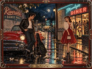 A young rockabilly couple faces an uneasy romantic moment outside a glowing 1950s diner and dance hall. Rain-slick pavement reflects red, turquoise, and gold neon around a vintage Chevrolet, microphone, and guitar case. Rich oil-painted textures, moonlight, magnolia petals, chrome details, and an ornate musical frame create nostalgic tension and tenderness.