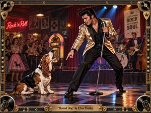 A charismatic 1950s rock-and-roll singer commands a lively nightclub stage, playfully confronting a howling hound beside a vintage microphone. Warm gold, crimson, and electric blue lighting energize the cheering crowd, jukebox, and band. Rich cinematic detail, glossy reflections, retro styling, and an ornate musical frame create a theatrical, rebellious mood.