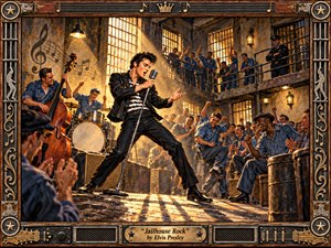 A charismatic rock-and-roll singer commands a crowded prison hall, leaning into a vintage microphone as inmates cheer around him. Golden sunlight streams through barred windows, illuminating weathered stone, iron railings, instruments, and blue uniforms. Rich browns, amber highlights, and dramatic shadows create a lively, rebellious, hand-painted 1950s atmosphere.