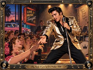 Elvis commands a lively 1950s nightclub stage in a shimmering gold jacket, reaching toward an ecstatic crowd beneath warm amber spotlights. A vintage car, neon signage, musicians, and sunset colors enrich the nostalgic atmosphere. An ornate black-and-gold musical frame and engraved title plate complete the energetic, cinematic composition.