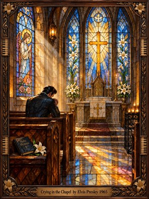 A solitary man bows in prayer inside a glowing chapel, surrounded by ornate stained glass, lilies, candles, and carved wooden pews. Golden sunlight pours through blue and amber windows, scattering jewel-toned reflections across the floor. The reverent composition feels peaceful, intimate, spiritual, and richly detailed.