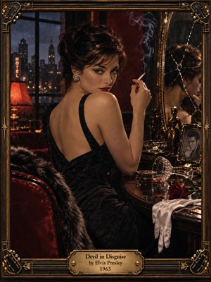 A glamorous 1960s femme fatale sits in a shadowed hotel room, cigarette smoke curling above her as she glances back knowingly. Deep reds, black velvet, warm gold, and cinematic low lighting create seductive tension. A cracked mirror, fallen rose, tipped glass, ivory glove, city lights, and ornate guitar-themed frame suggest hidden danger.