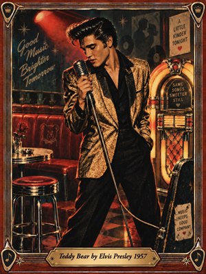 A young Elvis Presley performs beside a glowing jukebox in a stylish 1950s diner, gripping a vintage microphone beneath warm red stage light. Rich burgundy booths, chrome stools, checkerboard flooring, and nostalgic signage create a romantic rock-and-roll atmosphere, framed by ornate wood, metal strings, musical emblems, and a brass title plate.