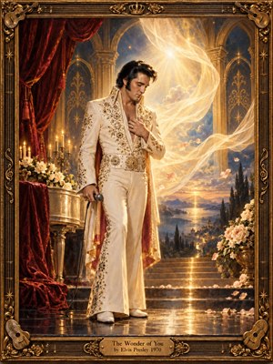 Elvis stands in a jeweled white stage suit within an ornate golden interior, surrounded by crimson drapery, roses, candles, and glowing architecture. Warm celestial light sweeps through the scene toward a distant sunset, creating a reverent, romantic mood. Rich painterly detail, reflections, and gilded ornament give the portrait luminous grandeur.