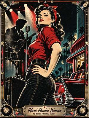 A defiant 1950s woman in a red blouse commands the foreground while a shadowed guitarist performs beside a vintage microphone. Neon diner curves, a chrome-finned car, palm silhouettes, and theatrical spotlights create a smoky nighttime mood. Bold crimson, black, cream, teal, and gold define the textured screen-print style.