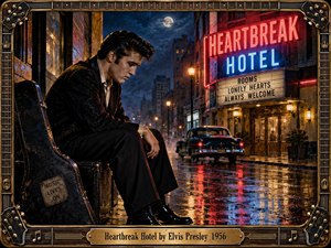 A brooding young singer sits beside a battered guitar case on a rain-soaked 1950s city street, facing the glowing Heartbreak Hotel. Red and blue neon reflects across wet pavement beneath moonlit clouds. A vintage car, lonely posture, warm doorway, and ornate guitar frame create a cinematic atmosphere of isolation and longing.