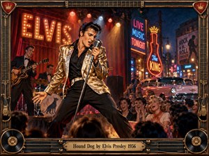 Elvis commands a vibrant 1950s stage, leaning into a chrome microphone beneath fiery red and amber spotlights. His shimmering gold jacket contrasts with deep black clothing as an excited crowd surges below. Neon signs, musicians, a pink classic car, and ornate guitar-themed framing create energetic vintage rock-and-roll spectacle.