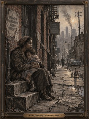 A weary mother cradles a sleeping child on worn city steps beside a bleak 1960s street. Charcoal, sepia, muted rust, and dusty blue create a somber social-realist mood. Cracked pavement, hazy towers, utility poles, a tricycle, and faded signs recede beneath cold, smoky light within an aged decorative frame.