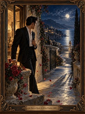 A dark-haired man in a black suit stands on a moonlit Mediterranean terrace, watching a distant woman in white beside the sea. Warm interior light contrasts with deep blue night, red roses, drifting petals, and silver reflections. Romantic oil-painting textures heighten longing, urgency, elegance, and suspended possibility.