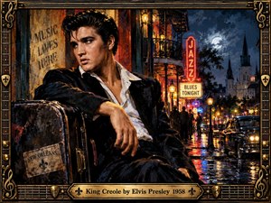 A brooding young singer rests beside a battered guitar case on a rain-slicked New Orleans street. Glowing jazz signs, vintage cars, wrought-iron balconies, and a moonlit cathedral create smoky 1950s atmosphere. Rich reds, golds, blues, and deep shadows give the detailed oil painting cinematic energy within an ornate musical frame.