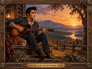 A tender painterly scene shows Elvis seated on a rustic porch with an acoustic guitar and resting dog, overlooking a glowing mountain valley and winding river at sunset. Warm amber light, deep woodland shadows, vintage textures, and an ornate guitar-inspired wooden frame create a peaceful, romantic atmosphere of devotion and nostalgia.