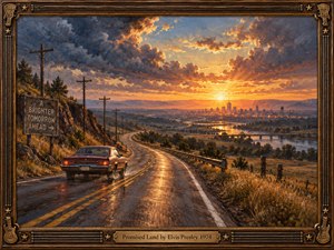 A vintage car follows a rain-slick highway toward a glowing distant city beneath dramatic sunset clouds. Golden light reflects across the winding road, river, fields, and telephone lines, creating a hopeful sense of movement and possibility. Rich oil-paint textures, warm copper tones, deep blues, and an ornate musical frame complete the nostalgic scene.