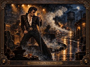 A dramatic oil-painted Elvis grips a vintage microphone inside a smoky blues club, framed by glowing amber stage lights and a rain-slick industrial street beyond. Deep blacks, rust browns, and midnight blues create a gritty, powerful mood, while steam, reflections, musicians, and ornate guitar-themed framing reinforce the heavy blues atmosphere.
