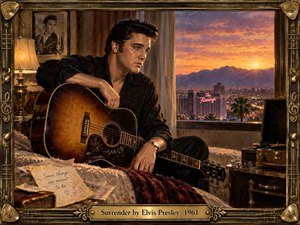 Elvis sits pensively with an acoustic guitar in a warmly lit room overlooking a glowing sunset cityscape. Rich amber, gold, and violet tones create a romantic, yearning mood. Detailed oil painting textures, vintage furnishings, scattered letters, and an ornate musical bronze frame evoke intimacy, nostalgia, and heartfelt surrender.