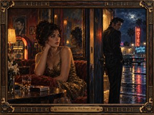 A glamorous woman waits inside a warm, shadowed motel lounge while a brooding man lingers in a rain-soaked doorway. Amber lamps contrast with blue neon, wet pavement, and moonlit clouds. Reflections, mirrors, and divided spaces heighten suspicion and longing in a richly textured, cinematic oil painting framed with musical details.