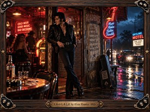 A leather-clad rock-and-roll figure stands in a rain-soaked 1970s roadhouse doorway, surrounded by glowing jukebox light, neon signs, smoky patrons, whiskey, playing cards, and a waiting vintage car. Deep reds, amber, blue, and chrome reflections create a cinematic, rebellious mood within an ornate guitar-inspired wooden frame.