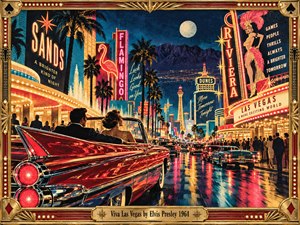 A vivid 1960s Las Vegas night glows with neon casinos, palm trees, classic cars, and bustling crowds beneath a bright moon. A red convertible dominates the foreground, reflecting saturated reds, golds, and blues across wet pavement. Retro poster styling, dramatic illumination, and ornate framing create energetic glamour, excitement, and nostalgic spectacle.