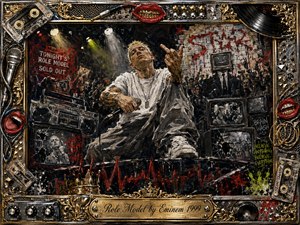 A rebellious rapper dominates a chaotic underground stage, gripping a microphone beneath harsh white and yellow spotlights. Gritty graffiti, stacked televisions, a boombox, and shadowy crowds create an abrasive, confrontational mood. Thick expressive brushwork, black, red, gold, and gray tones, and an ornate music-themed frame amplify the provocative urban energy.