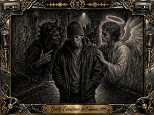 A troubled young man stands in a shadowy urban alley, torn between a sinister horned figure and a luminous angel whispering opposing choices. Deep charcoal textures, smoky blacks, silver-gray highlights, and dramatic overhead lighting create psychological tension. An ornate black-and-gold music-themed frame surrounds the scene, with microphones, records, cassettes, and an engraved title plate.