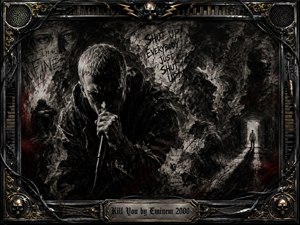 A brooding rapper grips a microphone amid fractured, ghostlike figures emerging from a chaotic charcoal-black interior. Deep textured strokes, smoky shadows, muted gray, black, and blood-red accents create a volatile psychological mood. An ornate chrome-and-gold music-themed frame, skull details, cables, speakers, and engraved title plate intensify the theatrical composition.