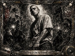 A defiant rapper stands amid a claustrophobic urban crowd, surrounded by photographers, graffiti, speakers, and tangled cables. Deep charcoal textures, smoky grays, black shadows, and subtle red accents create a tense, confrontational mood. Harsh spotlights and camera flashes frame his intense expression, while an ornate industrial music-themed border completes the gritty composition.