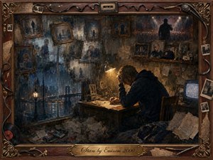 A solitary man sits hunched at a cluttered desk, writing beneath a warm lamp while rain darkens the city beyond his window. Faded portraits, letters, tapes, and performance memories surround him like ghosts. Deep blues, browns, and amber light create a brooding, obsessive mood in richly textured painterly detail.