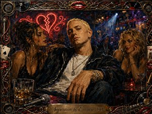 A defiant blond rapper lounges in a shadowy nightclub booth, flanked by glamorous women beneath a glowing broken-heart sign. Rich reds, black, gold, and deep blue dominate the dramatic scene, illuminated by smoky spotlights. Thick oil-paint textures, whiskey glasses, microphones, records, playing cards, lips, and ornate metallic framing create a provocative, decadent atmosphere.