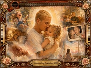 A tender father embraces his young daughter within a nostalgic collage of cherished memories, including playtime, bedtime, reading, and quiet affection. Warm amber, cream, rose, and faded blue tones glow through soft painterly light. Ornate rosewood, gold inlay, piano keys, roses, and guitar details frame the sentimental composition.