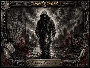 A hooded figure strides through a ruined urban street beneath stormy charcoal skies, embodying defiance, pressure, and survival. Deep blacks, smoky grays, muted reds, and metallic highlights create a tense atmosphere. Expressive charcoal textures, ghostly faces, graffiti, chains, barbed wire, and ornate metal framing intensify the confrontational composition.