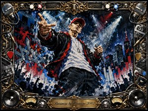 A dynamic hip-hop performer dominates the stage, gripping a microphone beneath sweeping white spotlights and reaching toward a silhouetted crowd. Bold red, blue, black, and white strokes create explosive urban energy against a nighttime skyline. An ornate chrome-and-gold music-themed frame surrounds the acrylic-style scene, finished with an engraved title plate.