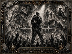 A lone rapper commands a smoky stage beneath a stark spotlight, surrounded by raised hands, shadowed city forms, and ghostlike memories emerging from layered charcoal textures. The monochrome scene feels intense, reflective, and defiant, framed by ornate black-and-gold music motifs, cables, speakers, vinyl details, and an engraved title plate.