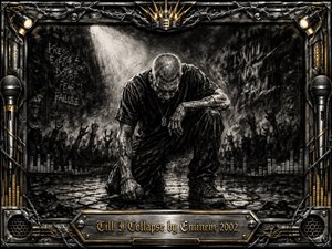 A battered rapper kneels beneath a harsh spotlight on a cracked stage, gripping a fallen microphone as shadowy crowds surge behind him. Deep charcoal blacks, smoky grays, and metallic gold accents create a relentless, exhausted mood. Intricate microphones, barbed wire, speakers, and steel frame the gritty, hand-rendered composition.