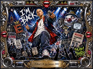 A defiant blond rapper dominates a chaotic nighttime concert scene, thrusting a microphone toward the crowd amid confetti, spotlights, boomboxes, posters, and satirical carnival imagery. Deep blues, vivid reds, chrome, and gold create explosive contrast. Painterly textures, graffiti energy, raised hands, bright lips, and an ornate music-themed frame amplify the rebellious mood.