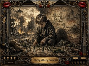 A somber boy kneels amid a war-torn city, arranging toy soldiers across dusty rubble beneath smoky golden light. Charcoal-like textures, muted browns, black, and brass create a haunting, reflective mood. Childlike battle drawings cover the wall behind him, while guitars, chains, roses, amplifiers, and ornate gold details form the elaborate frame.