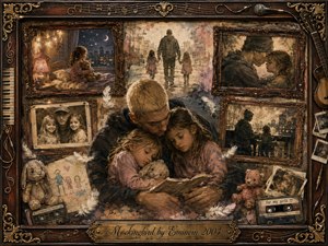 A tender father embraces two young girls amid a nostalgic collage of faded family memories, teddy bears, photographs, and childhood drawings. Warm sepia, brown, gold, and muted pink tones glow under soft lamplight. Ornate rosewood framing, musical details, feathers, and painterly textures create a bittersweet atmosphere of love, protection, and remembrance.