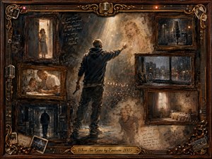 A lone performer reaches toward a glowing memory of his daughter amid a collage of faded family scenes, empty rooms, backstage corridors, and recording spaces. Warm sepia, amber, smoky gray, and muted blue tones create a sorrowful, nostalgic mood. Ornate rosewood frames, gold accents, soft spotlights, and painterly textures deepen the emotional atmosphere.