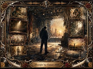 A solitary figure stands in a decaying theater, facing a glowing city sunrise surrounded by faded framed memories of childhood, family, empty stages, and broken reflections. Warm gold, sepia, charcoal, and rust tones create a reflective, bittersweet mood, while ornate musical framing, roses, instruments, and vintage textures suggest resilience, identity, and renewal.