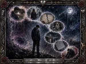 A solitary man stands beneath a moonlit cosmic sky as ghostly memories curve around him in an S-shaped trail of love, separation, broken promises, and despair. Deep blues, charcoal, violet, and muted crimson create a haunting mood, while painterly textures, glowing stars, roses, musical details, and an ornate metallic frame deepen the emotional atmosphere.