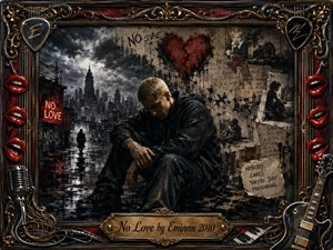 A brooding blond figure sits alone on rain-soaked city pavement beneath stormy skies, surrounded by torn photographs, graffiti, a cracked red heart, and glowing No Love neon. Dark blacks, deep reds, bronze, and gold create a dramatic mixed-media atmosphere, framed by ornate rock-themed details, instruments, red lips, and an engraved title plate.