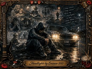 A hooded man sits alone on rain-soaked pavement beside a car blazing bright headlights, surrounded by ghostlike family memories and childhood fragments. Deep charcoal, bronze, black, and amber tones create a mournful, reflective mood. Ornate musical instruments, records, speakers, and red accents form a richly detailed vintage frame.