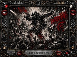 A hooded performer lunges above a roaring concert crowd, gripping a microphone amid towering speakers, turntables, graffiti, and explosive debris. Deep charcoal textures, smoky grays, vivid red splashes, chrome, and gold create a fierce rebellious mood. Dramatic spotlights and ornate music-themed framing intensify the gritty, high-energy urban composition.