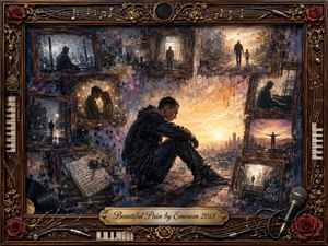 A solitary man sits against a glowing city sunrise, surrounded by faded rosewood-framed memories of love, loneliness, childhood, and recovery. Deep blues, charcoal shadows, amber gold, and soft violet create a bittersweet mood. Painterly textures blend oil, acrylic, and watercolor, while roses, instruments, cables, and ornate gold details frame the emotional collage.
