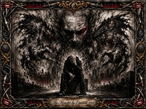 A hunched performer sits beneath a looming charcoal monster formed from smoke, claws, fractured faces, and turbulent memories. The dark stage setting feels tense, haunted, and introspective, with stark black and gray textures, muted crimson accents, dramatic spotlighting, crowd silhouettes, and an ornate chrome-and-gold music-themed frame.