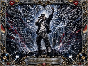 A commanding rapper stands center stage beneath explosive white-blue light, microphone raised as shattered sound waves and graffiti-like words radiate around him. Deep blacks, silvers, reds, and golds create an intense, triumphant mood. Ornate microphones, records, speakers, chains, and gilded metal frame the dramatic mixed-media, urban concert composition.