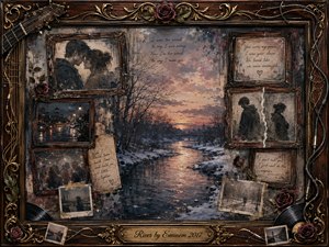 A nostalgic mixed-media collage centers on a winter river glowing beneath a muted sunset, surrounded by faded photographs, handwritten notes, roses, and broken memories of a troubled romance. Cool blues and grays blend with warm sepia and gold, while an ornate rosewood musical frame adds vintage richness, melancholy, and emotional depth.
