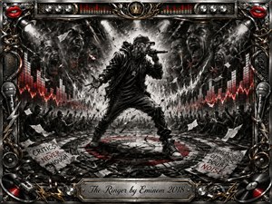 A fierce rapper commands a shattered arena, microphone raised amid roaring faces, flying papers, and pulsing red sound waves. Deep charcoal textures, black-and-white contrasts, scarlet accents, and harsh spotlights create a confrontational mood. An ornate chrome-and-gold music-themed frame surrounds the scene, finished with vinyl records and an engraved title plate.