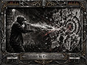 A shadowed rapper unleashes a fierce lyrical shockwave across a gritty urban stage, shattering torn posters, targets, and symbols of ego. Deep charcoal textures, smoky whites, metallic grays, and sharp red sparks create a confrontational mood. An ornate chrome-and-gold music-themed frame surrounds the dramatic, high-contrast composition.