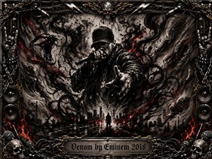 A shadowed rapper grips a microphone amid a turbulent industrial cityscape, surrounded by twisting black forms, sparks, and crimson streaks. Deep charcoal textures, metallic grays, and fiery red accents create a menacing, explosive mood. Dramatic lighting emphasizes the central figure, while chains, skulls, speakers, microphones, and ornate metalwork form the heavy decorative frame.