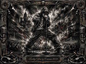 A hooded rapper dominates a stormy urban stage, gripping a microphone amid exploding charcoal textures, towering speakers, and a surging silhouetted crowd. Stark black, gray, and white tones are cut by faint red accents and warm metallic details. Dramatic spotlights, gritty brushwork, vinyl records, chains, and ornate hardware create an intense, defiant atmosphere.