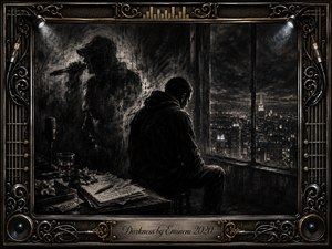 A solitary hooded figure sits beside a rain-darkened city window, surrounded by ghostlike charcoal portraits, a microphone, scattered handwritten pages, and a whiskey glass. Deep blacks, smoky grays, and muted bronze dominate the brooding composition. Dramatic spotlights and ornate musical metalwork frame the tense, introspective nocturnal scene.